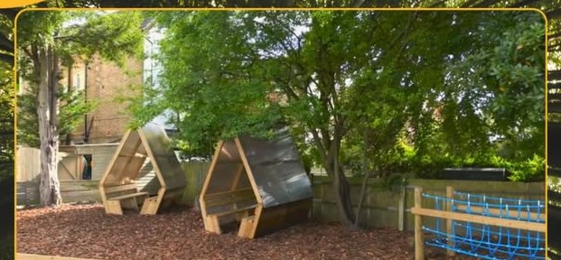 Trim trail, mud kitchens and outdoor shelters, Elmhurst School, Croydon