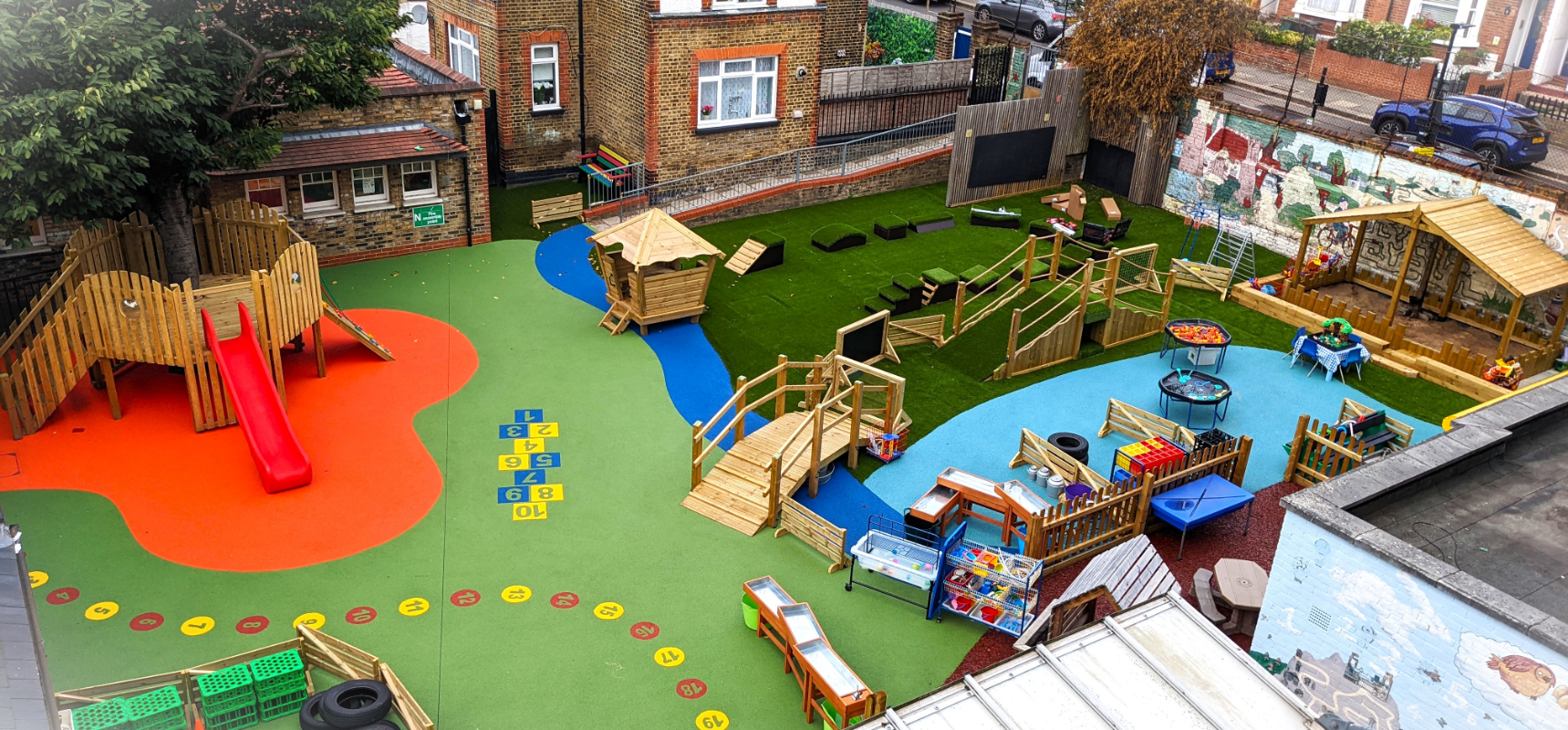 Aerial view of a complete school playground designed and installed by Commercial Play
